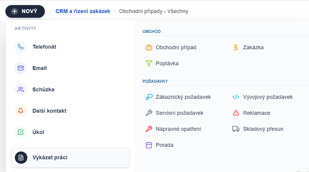 Rychlá nabídka akcí v ADAPTY CRM — telefonát, e-mail, schůzka, obchodní případ a další