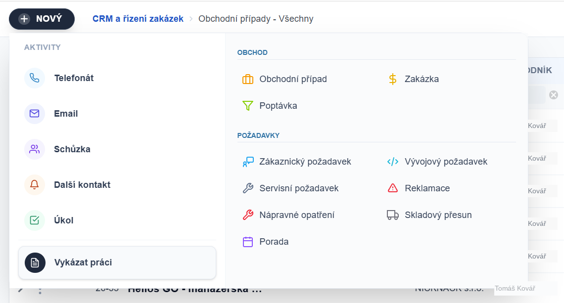 Rychlé menu ADAPTY CRM