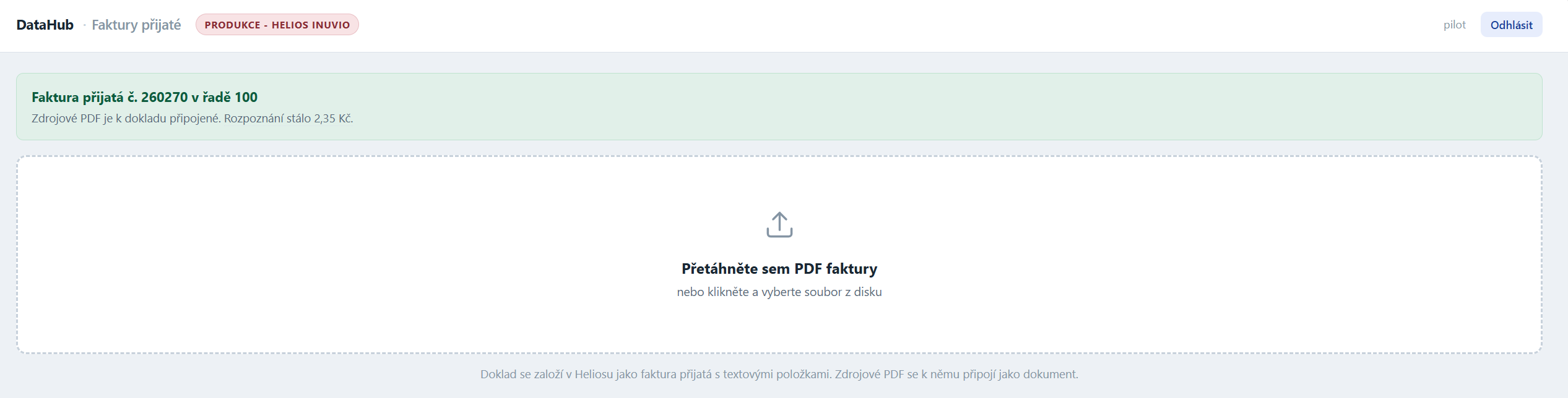 Cena rozpoznání konkrétní faktury se zobrazí přímo v ADAPTY Import faktur