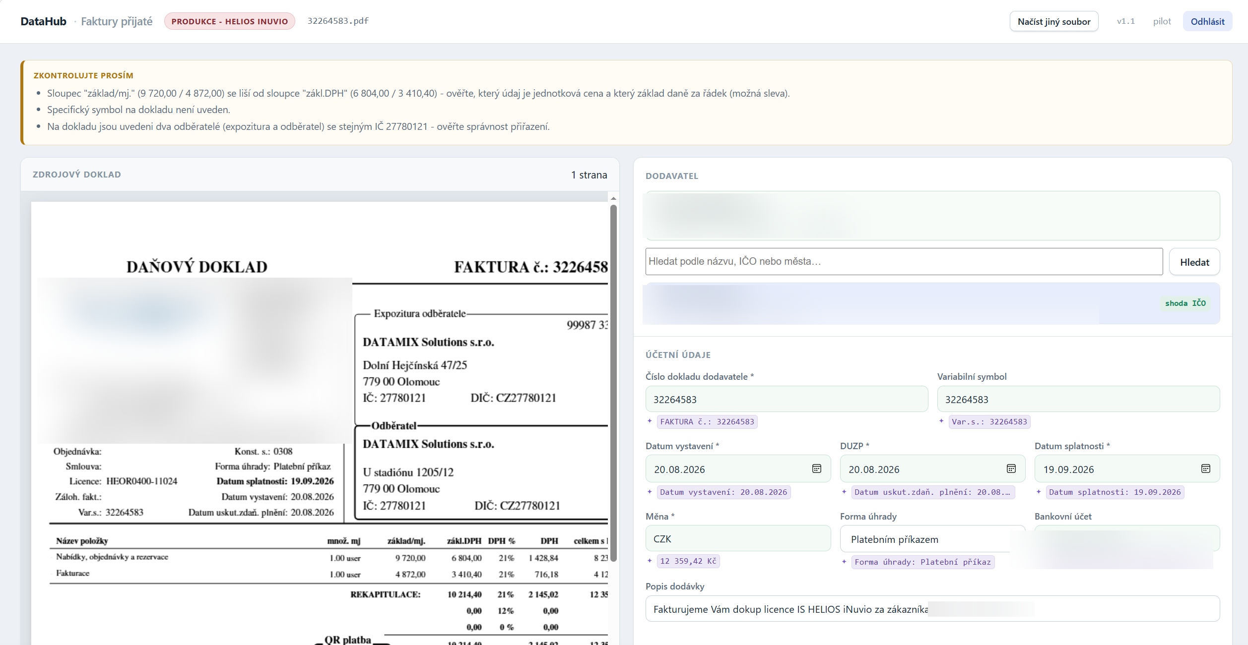 ADAPTY Import faktur rozpozná přijatou fakturu a připraví dodavatele i účetní údaje k vložení do Helios Inuvio nebo POHODY