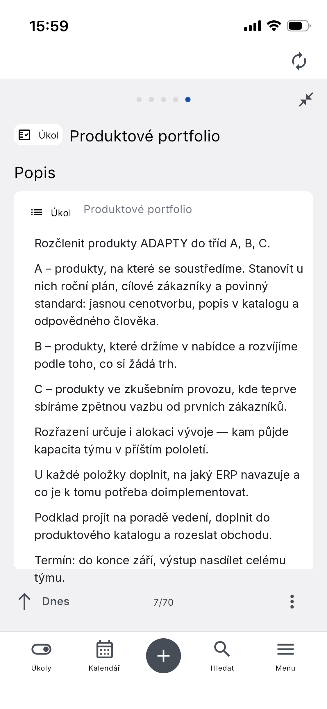 Detail zadání úkolu v mobilní aplikaci ADAPTY — formátovaný text zadání s odstavci