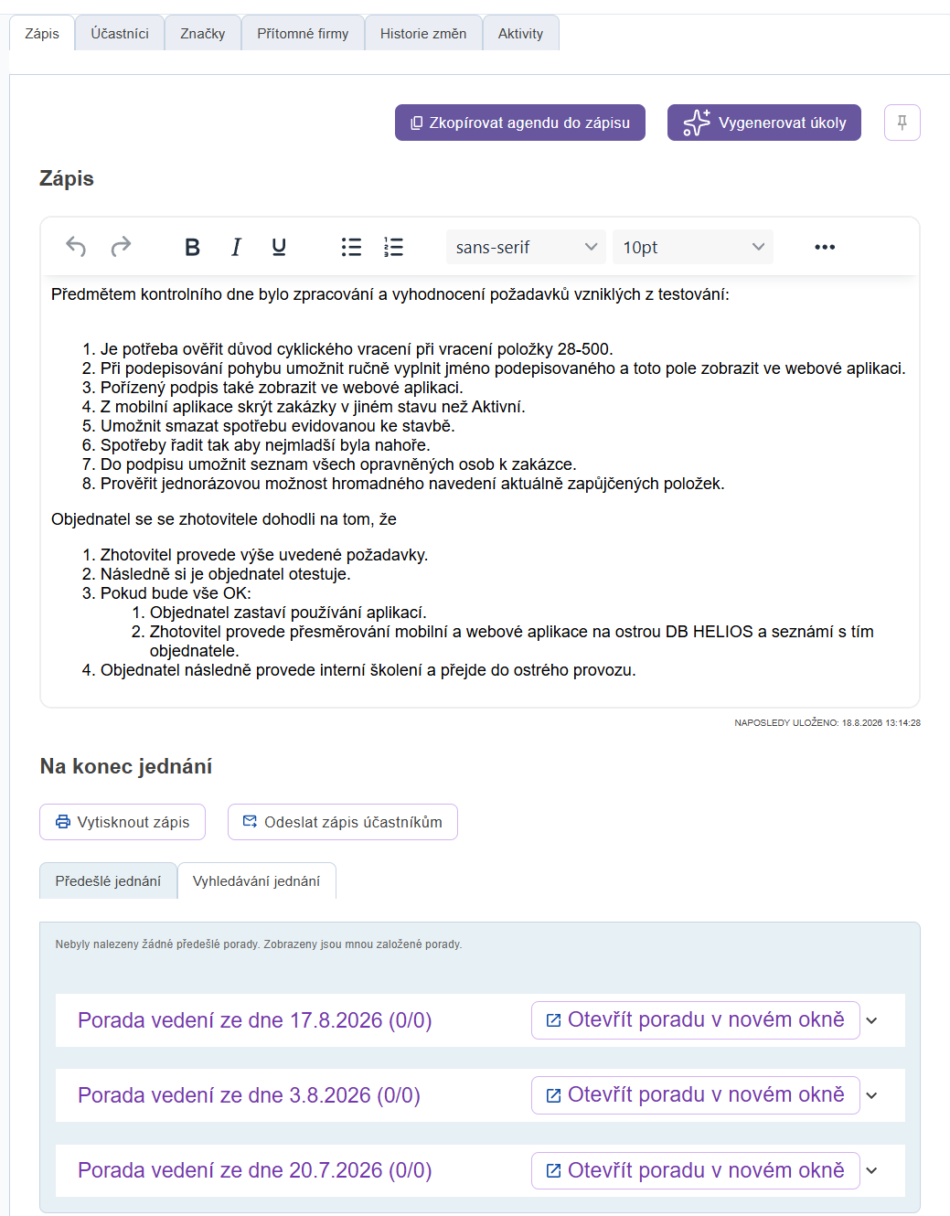 Zápis z jednání v ADAPTY — formátovaný text, tlačítka Vytisknout zápis a Odeslat zápis účastníkům, pod tím seznam předešlých jednání