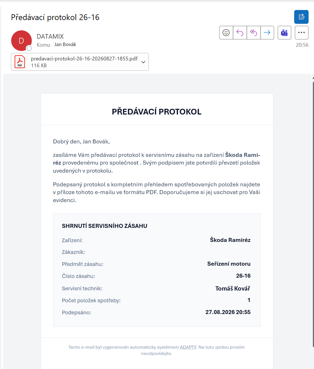 E-mail se shrnutím servisního zásahu a podepsaným předávacím protokolem v PDF příloze